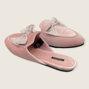 Victoria’s Secret Pink Velour Velvet Fabric Rhinestone Bow Slip On Slipper S